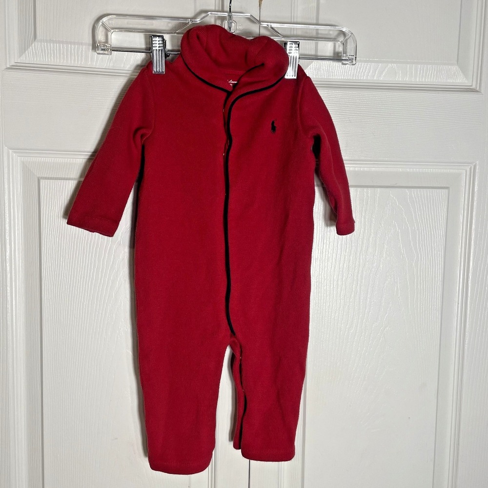 Ralph‎ Lauren Jumpsuit Baby 12M Red Knit One Piece Full Snap Closure Pony Logo